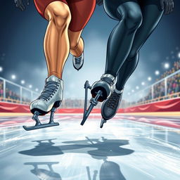 A detailed and intense cover illustration for a novel featuring two speed skaters, a male and a female, wearing full competitive speed skating attire