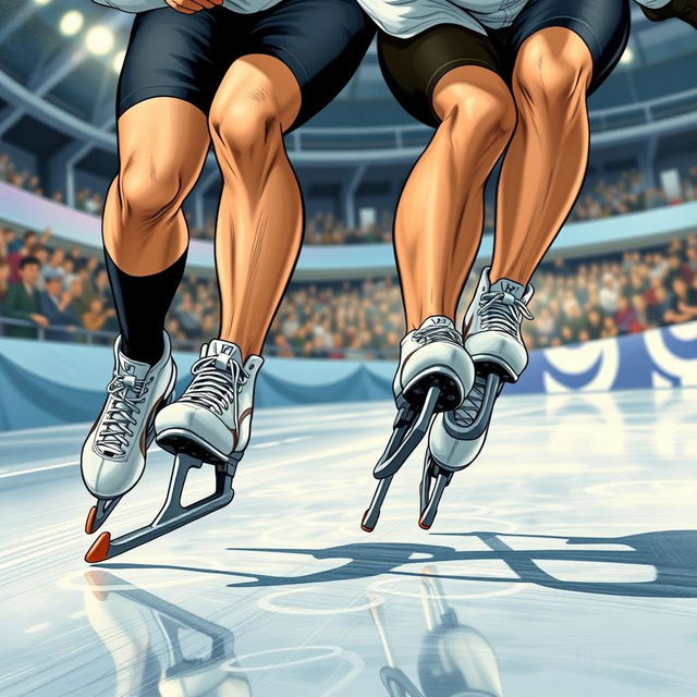 A detailed and intense cover illustration for a novel featuring two speed skaters, a male and a female, wearing full competitive speed skating attire