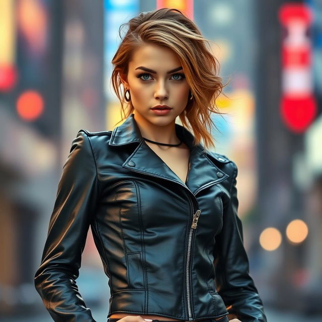 A confident young woman wearing a stylish black leather outfit that showcases modern fashion trends, standing with a strong pose against an urban background