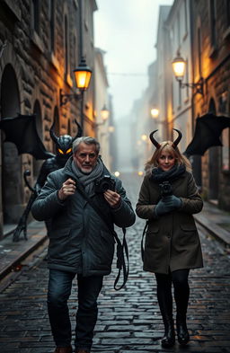 A 50-year-old couple filming a documentary about ghosts in an old, atmospheric Irish city