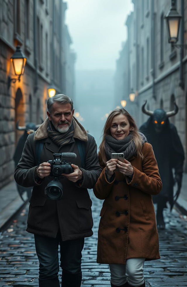 A 50-year-old couple filming a documentary about ghosts in an old, atmospheric Irish city