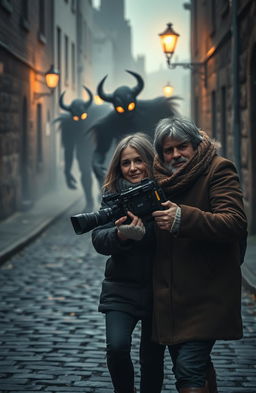 A 50-year-old couple filming a documentary about ghosts in an old, atmospheric Irish city