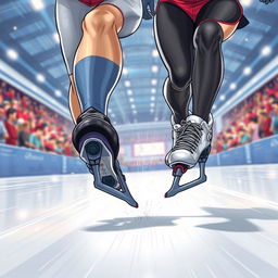 A dynamic and intense cover illustration for a novel featuring two speed skaters, a male and a female, wearing full competitive speed skating attire