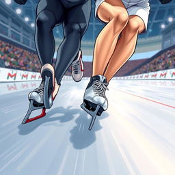 A dynamic and intense cover illustration for a novel featuring two speed skaters, a male and a female, wearing full competitive speed skating attire