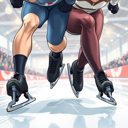 A dynamic and intense cover illustration for a novel featuring two speed skaters, a male and a female, wearing full competitive speed skating attire