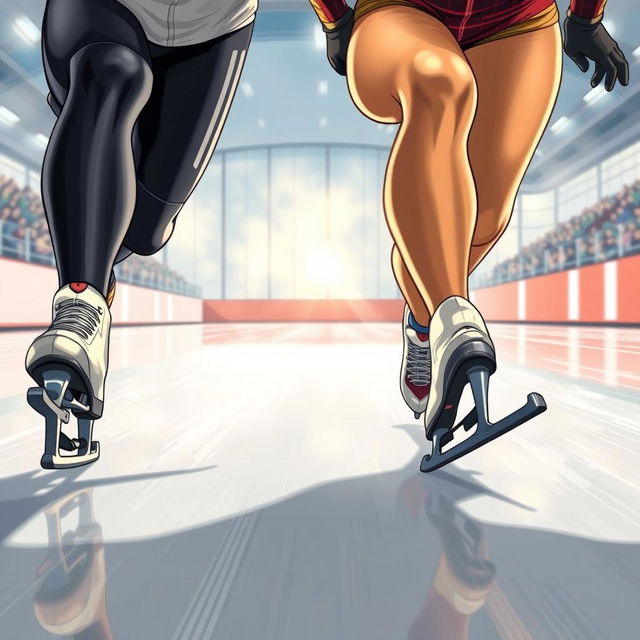 A dynamic and intense cover illustration for a novel featuring two speed skaters, a male and a female, wearing full competitive speed skating attire