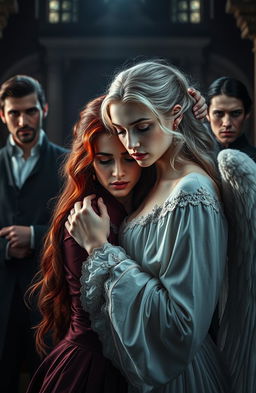 A mysterious historical scene featuring a stunning silver-haired woman, reminiscent of an angel, gracefully holding the throat of a red-haired woman who embodies the essence of a seductress while appearing innocent
