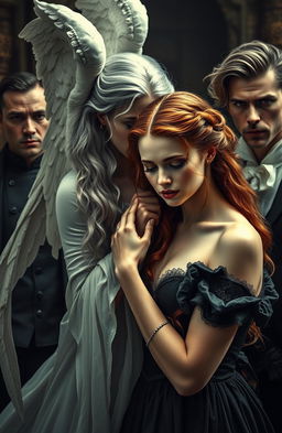 A mysterious historical scene featuring a stunning silver-haired woman, reminiscent of an angel, gracefully holding the throat of a red-haired woman who embodies the essence of a seductress while appearing innocent