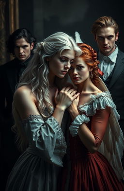 A mysterious historical scene featuring a stunning silver-haired woman, reminiscent of an angel, gracefully holding the throat of a red-haired woman who embodies the essence of a seductress while appearing innocent