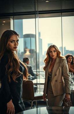 A dramatic scene in a modern urban setting where a young woman is confronting her father's mistress