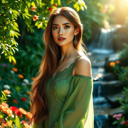 A stunning portrait of a beautiful woman with long flowing hair, wearing an elegant green dress adorned with intricate patterns