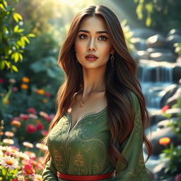 A stunning portrait of a beautiful woman with long flowing hair, wearing an elegant green dress adorned with intricate patterns