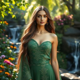 A stunning portrait of a beautiful woman with long flowing hair, wearing an elegant green dress adorned with intricate patterns