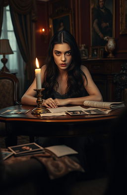 A dramatic and tense scene depicting a young woman plotting her revenge against her father's mistress