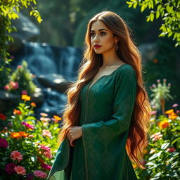 A stunning portrait of a beautiful woman with long flowing hair, wearing an elegant green dress adorned with intricate patterns