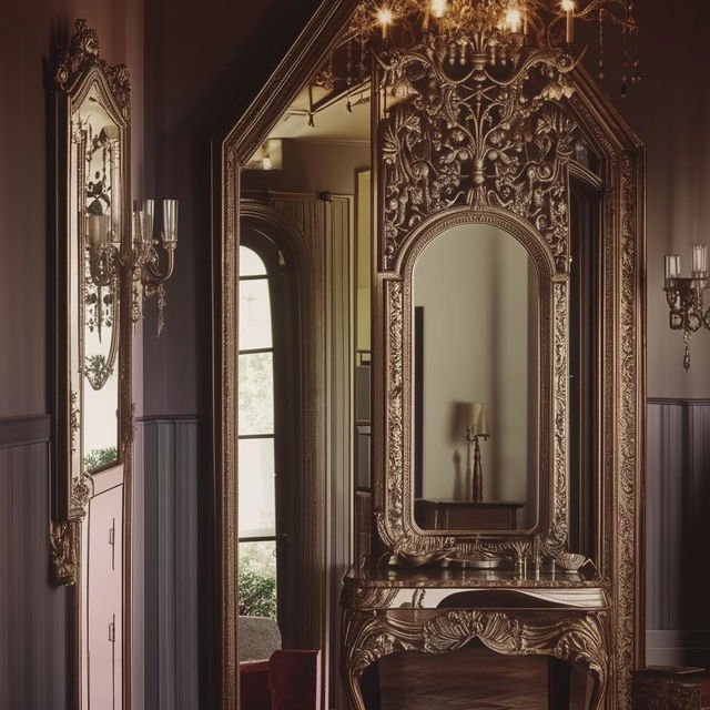 An elegantly designed aparador with a large, ornate mirror reflecting the room