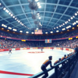 A realistic illustration of a speed skating rink featuring a detailed background with a blurred audience, capturing the atmosphere of a competitive event