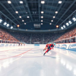 A realistic illustration of a speed skating rink featuring a detailed background with a blurred audience, capturing the atmosphere of a competitive event