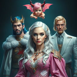 A regal white-haired woman exuding an aura of authority and elegance, standing prominently in the foreground