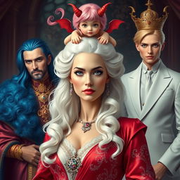 A regal white-haired woman exuding an aura of authority and elegance, standing prominently in the foreground