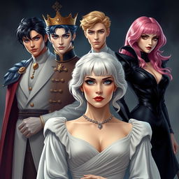 A regal white-haired woman standing confidently in the foreground, radiating authority and elegance