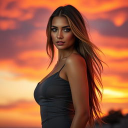 A striking and alluring portrait of a confident and attractive woman standing against a vibrant sunset backdrop