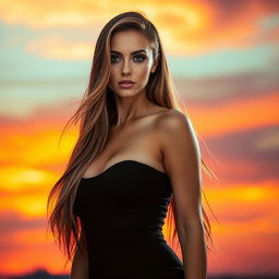 A striking and alluring portrait of a confident and attractive woman standing against a vibrant sunset backdrop