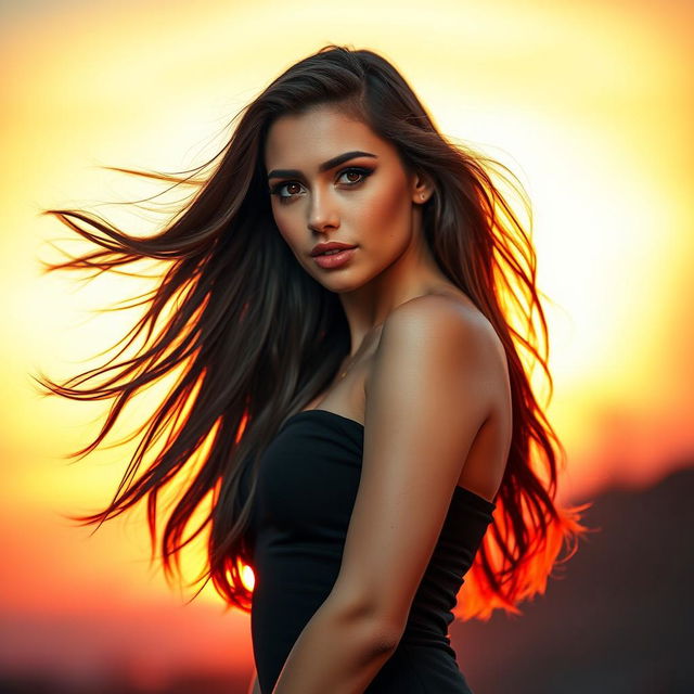 A striking and alluring portrait of a confident and attractive woman standing against a vibrant sunset backdrop