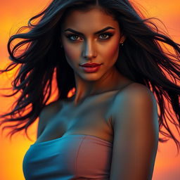 A striking and alluring portrait of a confident and attractive woman standing against a vibrant sunset backdrop