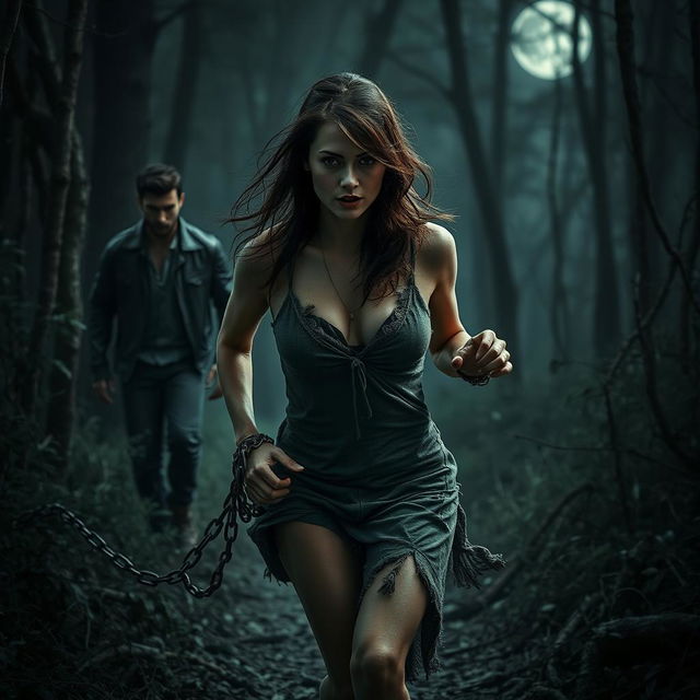 A stunning woman dressed in tattered clothing, running in a dark and mysterious forest, with chains loosely clinking around her wrists and ankles