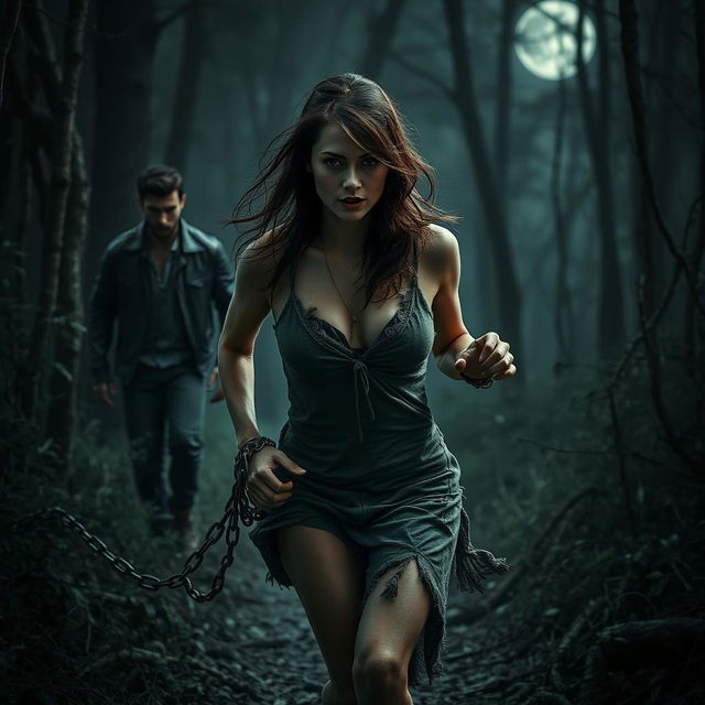 A stunning woman dressed in tattered clothing, running in a dark and mysterious forest, with chains loosely clinking around her wrists and ankles