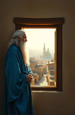 A captivating and mesmerizing painting of a wise man named Ali, dressed in mystical azure blue robes and adorned with a flowing white beard