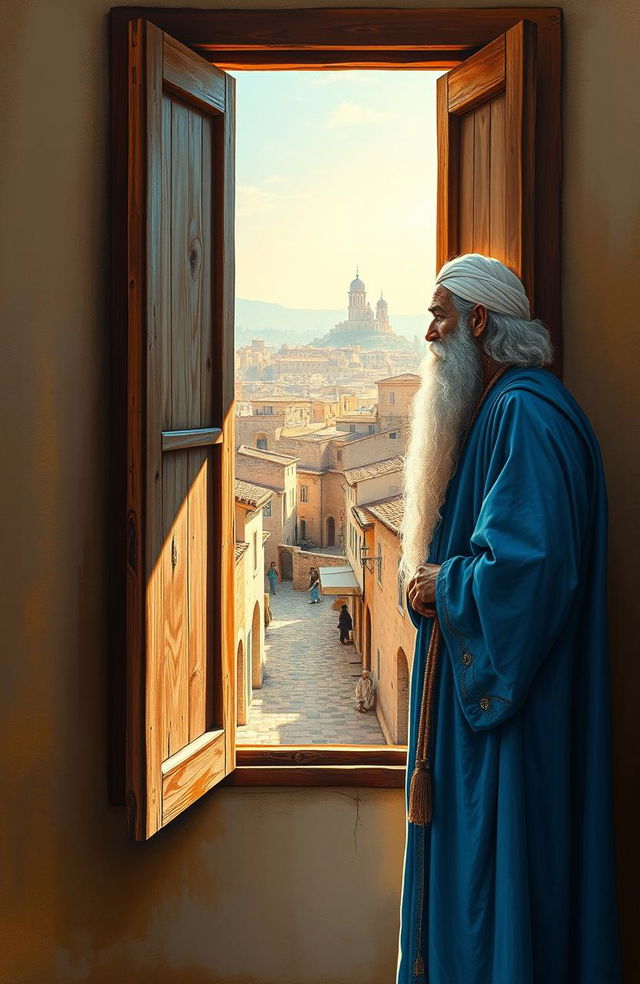 A captivating and mesmerizing painting of a wise man named Ali, dressed in mystical azure blue robes and adorned with a flowing white beard