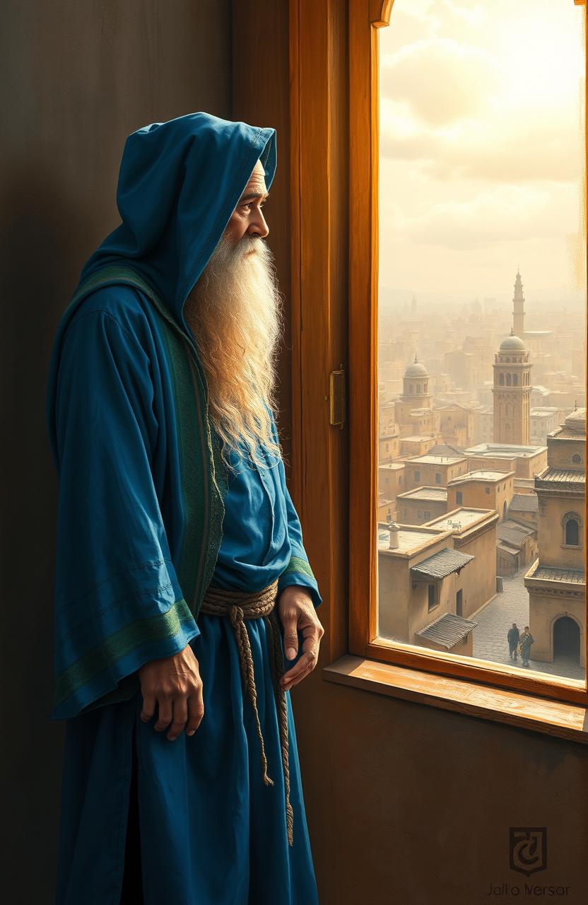 A captivating and mesmerizing painting of a wise man named Ali, dressed in mystical azure blue robes and adorned with a flowing white beard