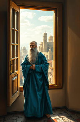 A captivating and mesmerizing painting of a wise man named Ali, dressed in mystical azure blue robes and adorned with a flowing white beard