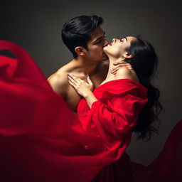 A captivating scene featuring a gorgeous man and a stunning woman wearing a flowing red dress