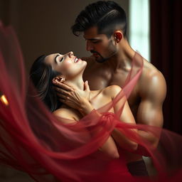 A captivating scene featuring a gorgeous man and a stunning woman wearing a flowing red dress