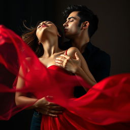 A captivating scene featuring a gorgeous man and a stunning woman wearing a flowing red dress