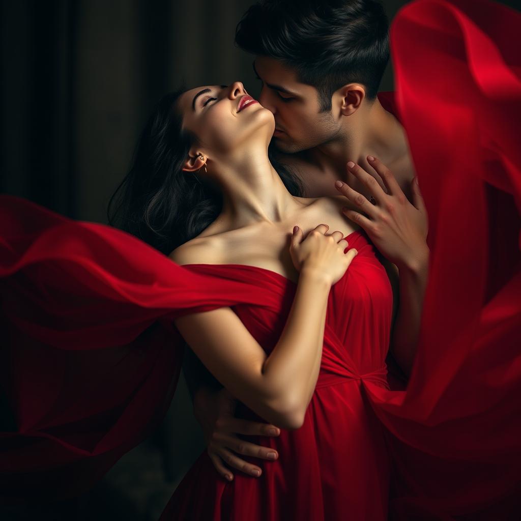 A captivating scene featuring a gorgeous man and a stunning woman wearing a flowing red dress