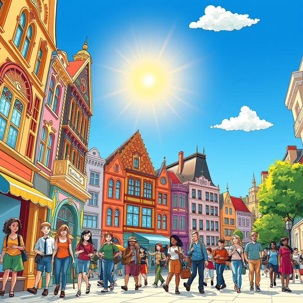 A vibrant scene depicting drawn people leisurely walking between colorful buildings on a sunny day