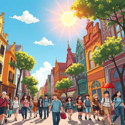 A vibrant scene depicting drawn people leisurely walking between colorful buildings on a sunny day