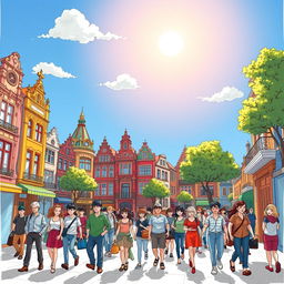 A vibrant scene depicting drawn people leisurely walking between colorful buildings on a sunny day
