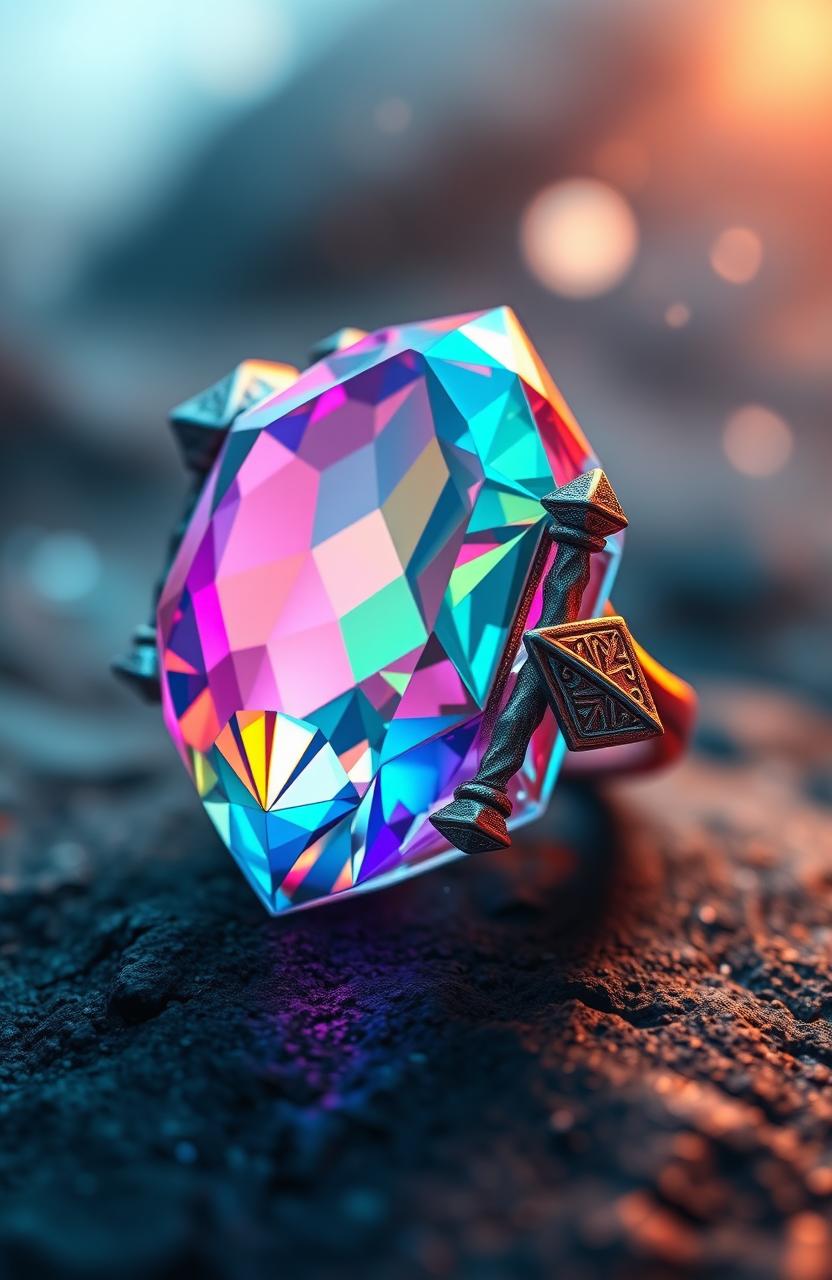 A beautifully crafted fantasy crystal ring, shimmering with vibrant colors