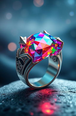 A beautifully crafted fantasy crystal ring, shimmering with vibrant colors