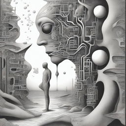 Surreal monochrome illustration, meticulously drawn in pen, featuring a disambiguated body part integrated within an abstract and fantastical setting