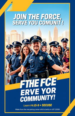 A dynamic and engaging police recruitment poster, featuring a diverse group of police officers in action, showcasing teamwork and community service