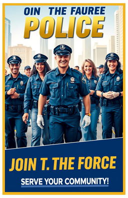 A dynamic and engaging police recruitment poster, featuring a diverse group of police officers in action, showcasing teamwork and community service