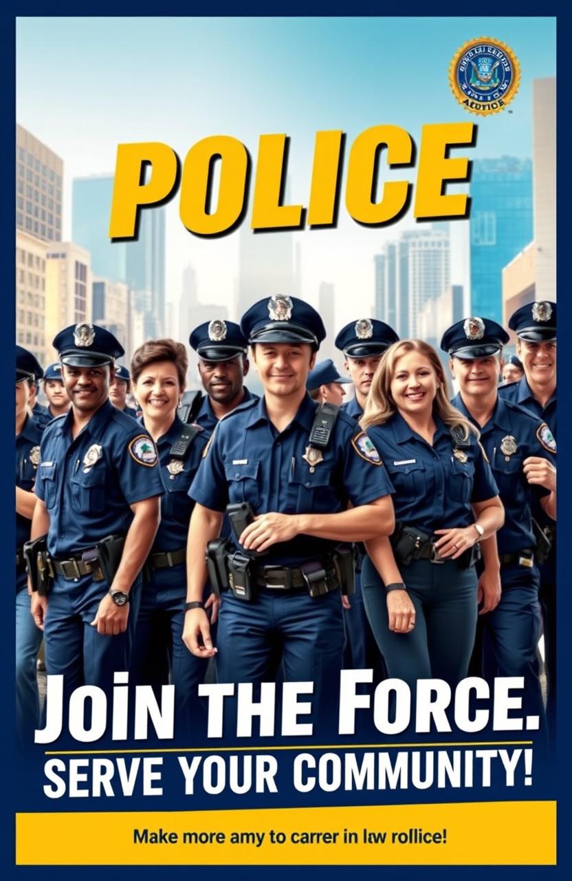 A dynamic and engaging police recruitment poster, featuring a diverse group of police officers in action, showcasing teamwork and community service