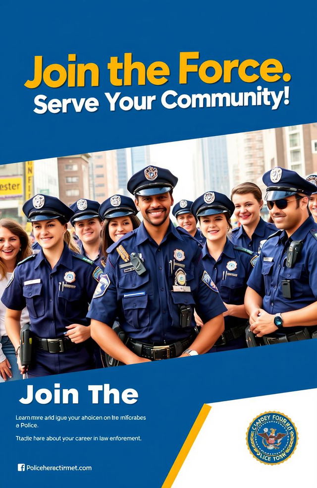 A dynamic and engaging police recruitment poster, featuring a diverse group of police officers in action, showcasing teamwork and community service