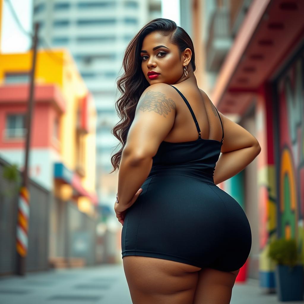 A striking portrait of a confident and curvy woman with a prominent figure, showcasing her big ass in a tasteful and artistic manner